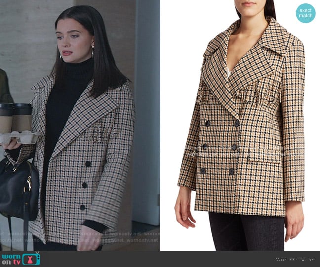 Fringe-Trim Double-Breasted Plaid Blazer by The Kooples worn by Jane Sloan (Katie Stevens) on The Bold Type