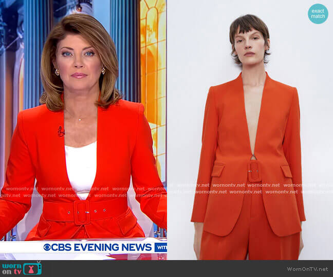 WornOnTV: Norah’s red lapelless blazer on CBS Evening News | Norah O