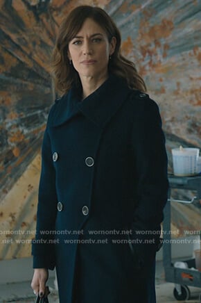 Wendy’s navy double breasted coat on Billions