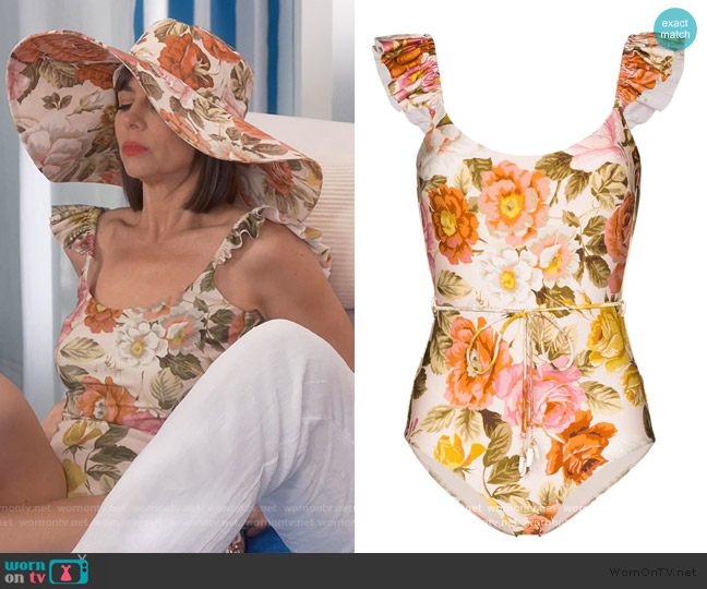 Jackie’s floral ruffle swimsuit on Broke