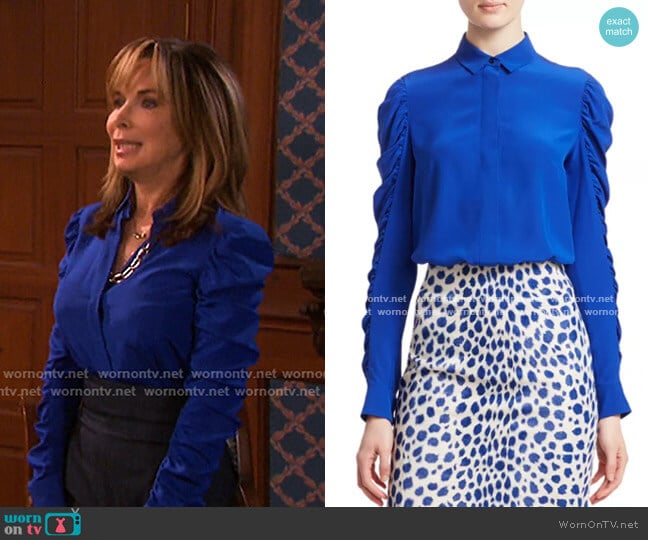 Ruched Sleeve Silk Blouse by Akris punto worn by Kate Roberts (Lauren Koslow) on Days of our Lives