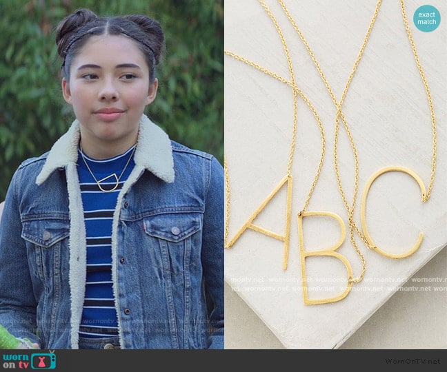 Block Letter Monogram Necklace by Anthropologie worn by Dawn Schafer (Xochitl Gomez) on The Baby-Sitters Club