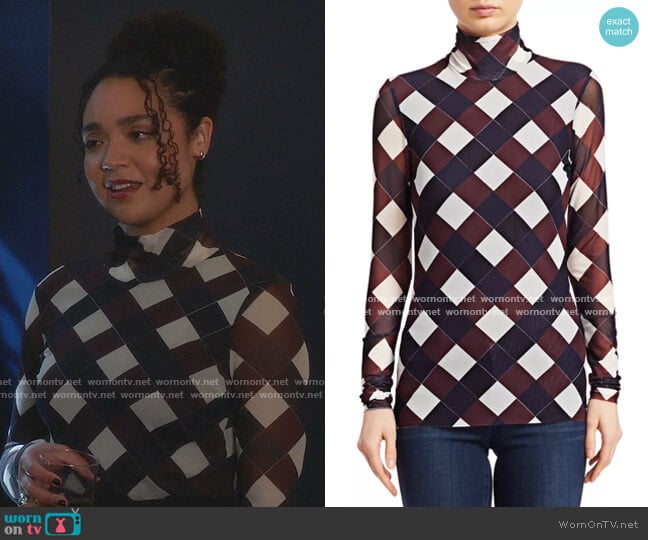 Jodi Check Mesh Top by Baum und Pferdgarten worn by Kat Edison (Aisha Dee) on The Bold Type