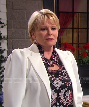 Bonnie’s black paisley print ruffle blouse on Days of our Lives