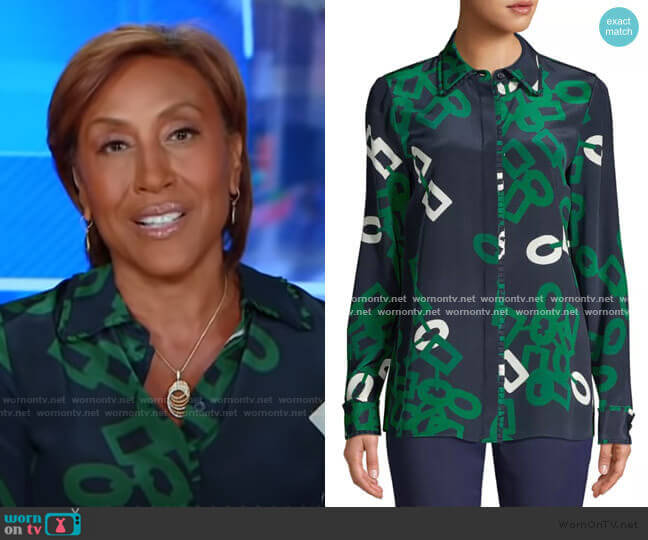 WornOnTV: Robin’s navy and green link print blouse on Good Morning ...