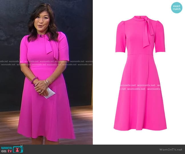 Electric Pink Tie Neck Dress by Donna Morgan worn by Juju Chang on Good Morning America