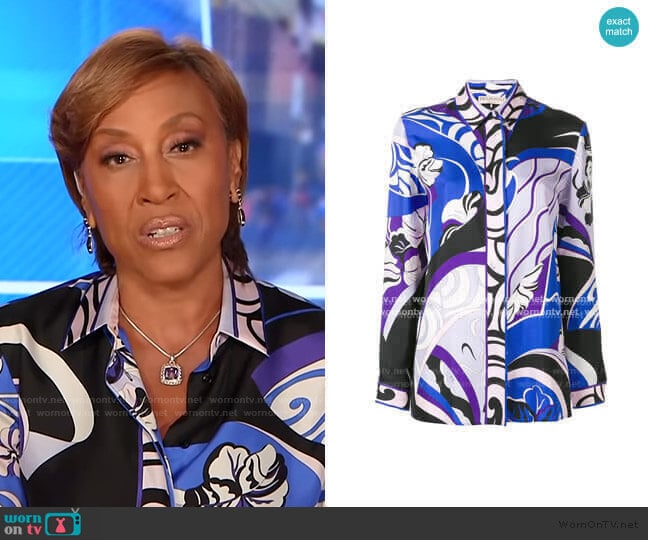 WornOnTV: Robin’s blue printed blouse on Good Morning America | Robin ...