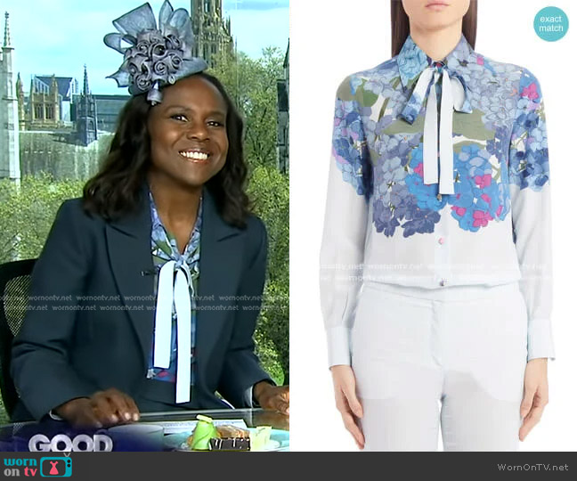 Hydrangea Print Silk Crepe de Chine Tie Neck Blouse by Valentino worn by Deborah Roberts on Good Morning America