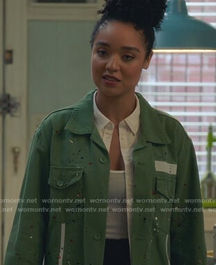 Kat’s green paint-splutter jacket on The Bold Type