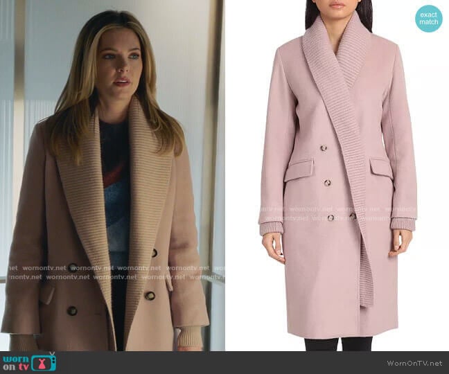 Knit Shawl Collar Double-Breasted Coat by Badgley Mischka worn by Sutton (Meghann Fahy) on The Bold Type