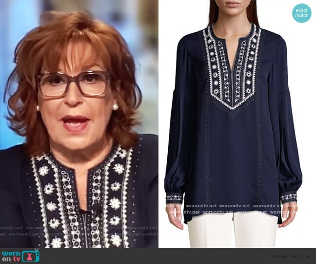 Sandi Embroidered Puff-Sleeve Silk Blouse by Kobi Halperin worn by Joy Behar on The View