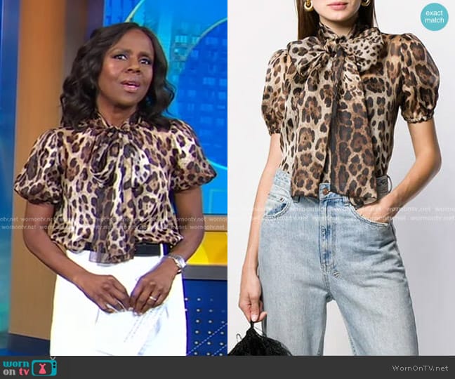 Leopard Print Pussy Bow Blouse by Dolce & Gabbana worn by Deborah Roberts on Good Morning America