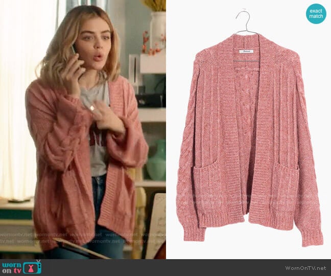 Madewell Bubble Sleeve Cable Knit Cardigan worn by Lucy Neal (Lucy Hale) on A Nice Girl Like You (2020)