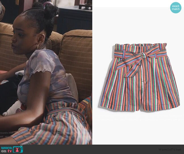 Paperbag Shorts in Rainbow Stripe by Madwell worn by Zora Greenleaf (Lovie Simone) on Greenleaf