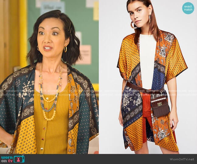 Mon Cheri Silky Patchwork Kimono by Free People worn by Jae W. Suh on Never Have I Ever 