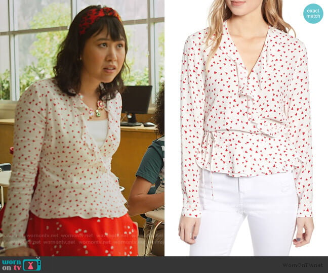 Simone Print Ruffle Wrap Blouse by Rails worn by Eleanor Wong (Ramona Young) on Never Have I Ever