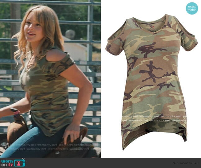 Camo Cold Shoulder Top by Rothco worn by Laramie (Hassie-Harrison) on Yellowstone