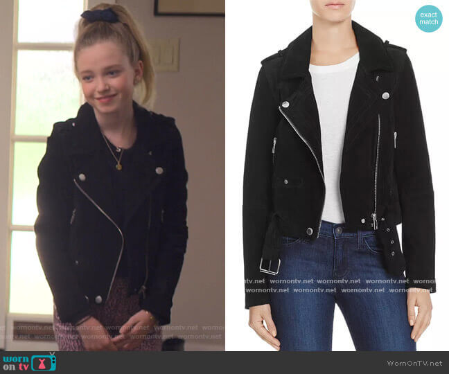 Suede Moto Jacket by Blank NYC worn by Stacey McGill (Shay Rudolph) on The Baby-Sitters Club