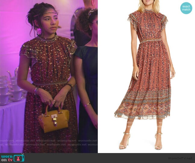 Alastair Jacquard Dot Silk Blend Midi Dress by Ulla Johnson worn by Dawn Schafer (Xochitl Gomez) on The Baby-Sitters Club