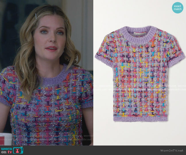 Ciara Cropped Metallic Knitted Sweater by Alice + Olivia worn by Sutton (Meghann Fahy) on The Bold Type