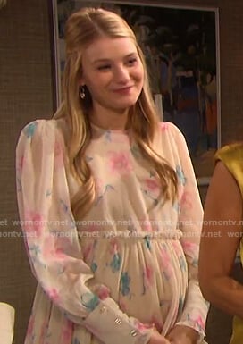 Allie’s beige floral ruffle-waist dress on Days of our Lives