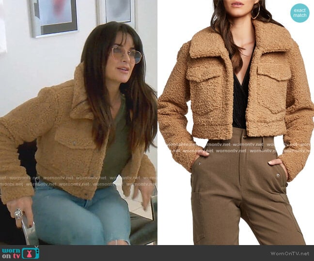 Crop Sherpa Jacket by Bardot worn by Kyle Richards on The Real Housewives of Beverly Hills