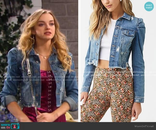 Distressed Denim Puff-Sleeve Jacket by Forever 21 worn by Claire Brady (Olivia Keegan) on Days of our Lives