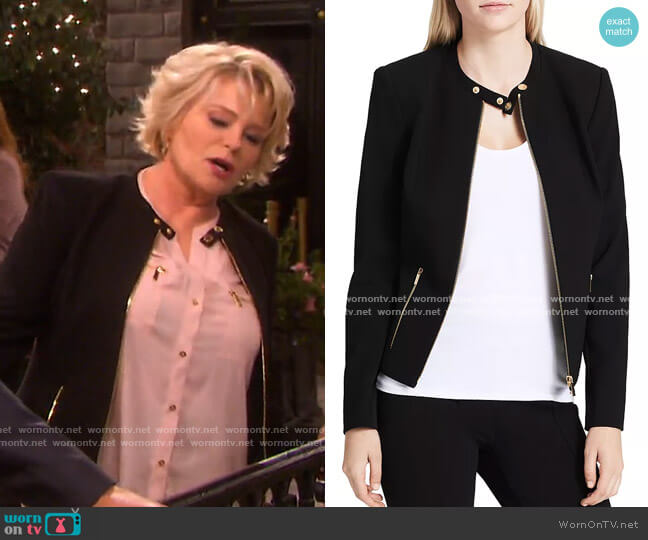 Crepe Moto Jacket by Calvin Klein worn by Bonnie Lockhart (Judi Evans) on Days of our Lives