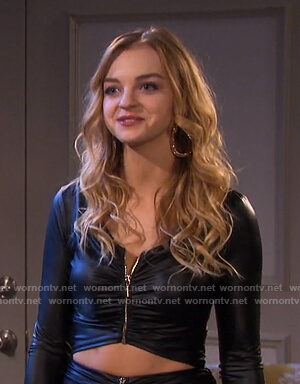 Claire's black cropped zip front top and skirt on Days of our Lives