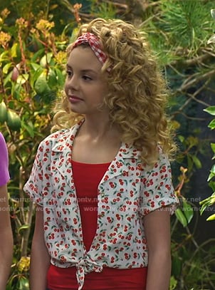 Destiny’s white cherry print tie front top on Bunkd