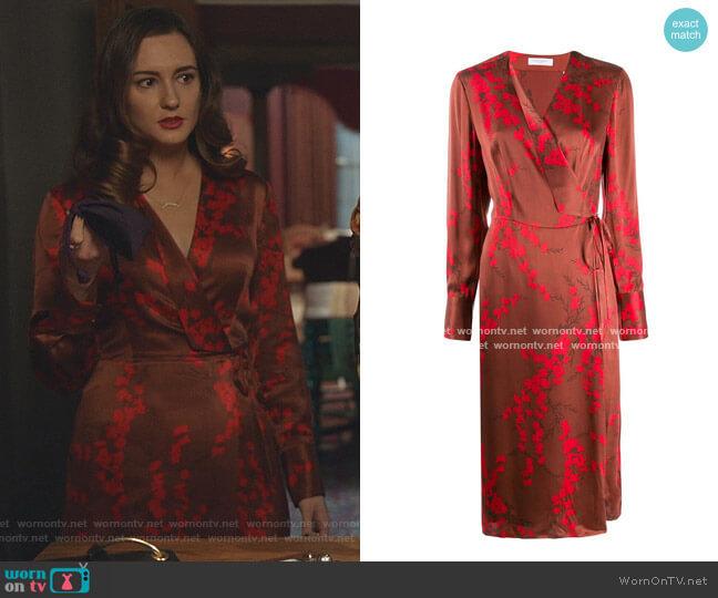 Cherry Blossom-Print Satin Wrap Dress by Equipment worn by Joy Harper (Katherine Barrell) on Good Witch