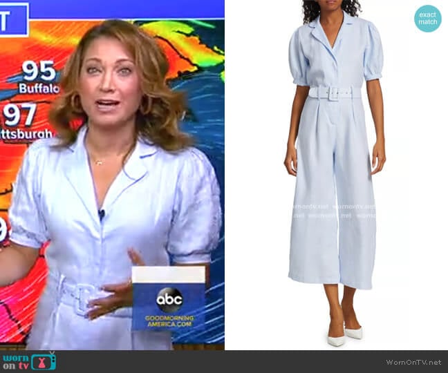 Frederikke Linen Boiler Suit by Faithfull the Brand worn by Ginger Zee on Good Morning America