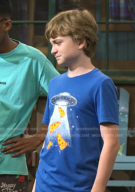 Finn’s blue pizza print tee on Bunkd