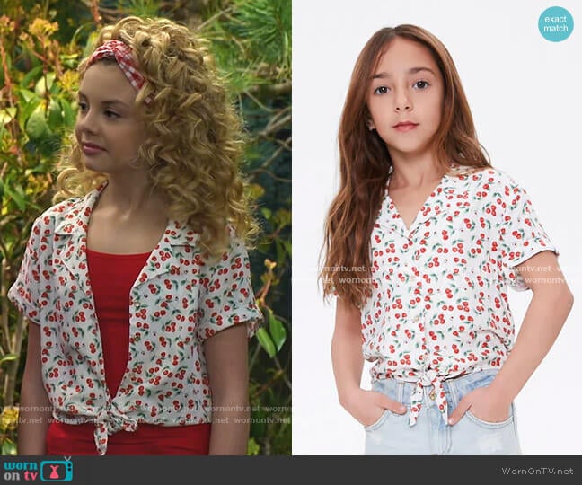 Girls Cherry Self-Tie Shirt by Forever 21 worn by Destiny Baker (Mallory James Mahoney) on Bunkd