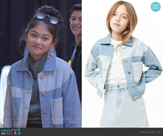 Girls Colorblock Denim Jacket by Forever 21 worn by Claudia Kishi (Momona Tamada) on The Baby-Sitters Club