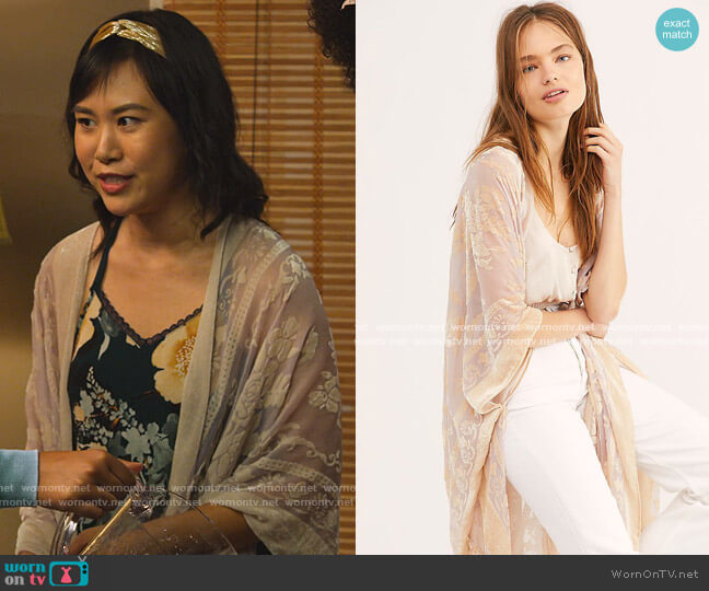 Nightbird Burnout Kimono by Free People worn by Eleanor Wong (Ramona Young) on Never Have I Ever