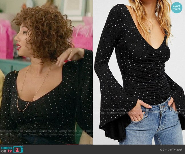 Free People What a Babe Bell-Sleeve Printed Top worn by Nessa Jennings (Jackie Cruz) on A Nice Girl Like You (2020)