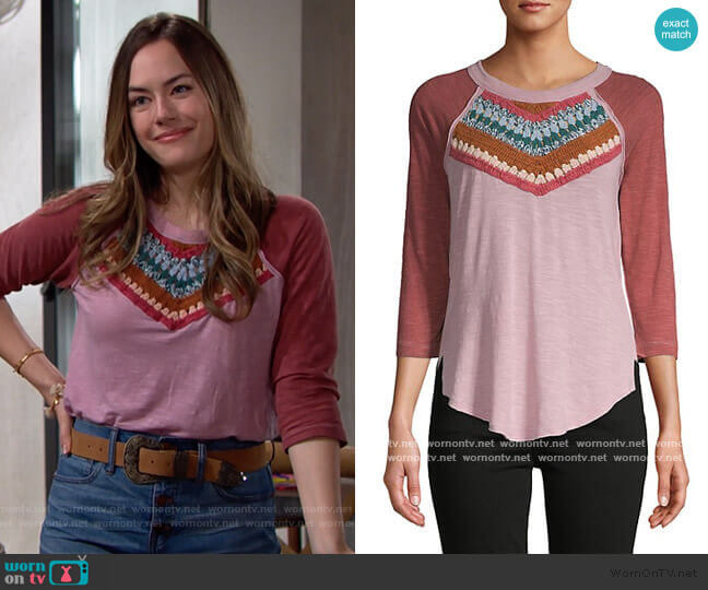 Colorblock Raglan-Sleeve Cotton-Blend Top by Free People worn by Hope Logan (Annika Noelle) on The Bold and the Beautiful