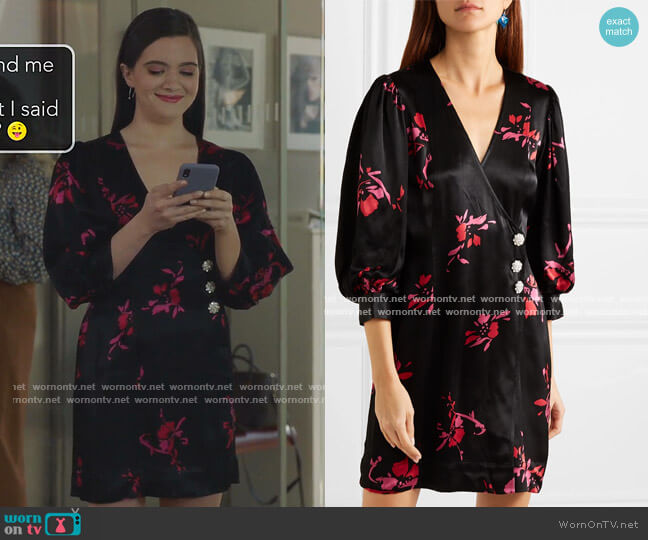 Crystal-Embellished Floral-Print Satin Wrap Mini Dress by Ganni worn by Jane Sloan (Katie Stevens) on The Bold Type