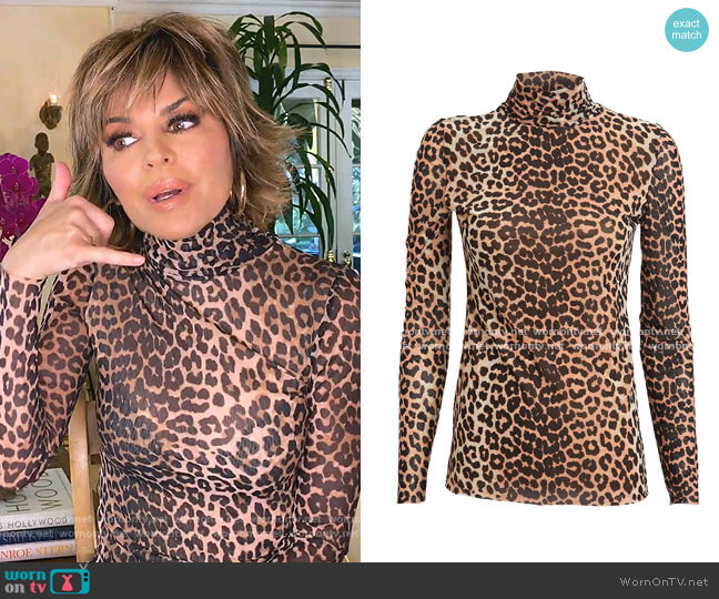 Leopard Printed Mesh Turtleneck Top by Ganni  worn by Lisa Rinna  on The Real Housewives of Beverly Hills