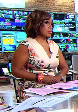 Gayle’s beige floral v-neck sheath dress on CBS Mornings