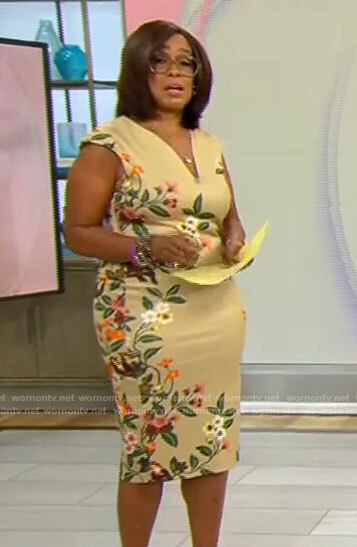 Gayle’s beige floral v-neck sheath dress on CBS Mornings