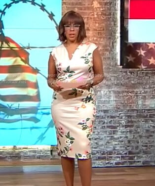 Gayle’s beige floral v-neck sheath dress on CBS Mornings