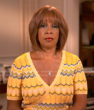 Gayle’s yellow zig-zag knit wrap top on CBS This Morning