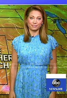 Ginger’s blue floral flutter sleeve dress on Good Morning America