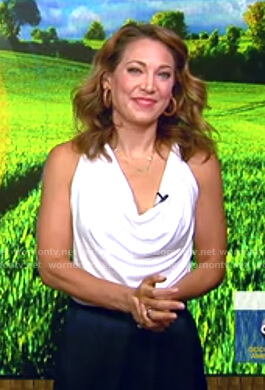 Ginger's white cowl neck top and navy pants on Good Morning America