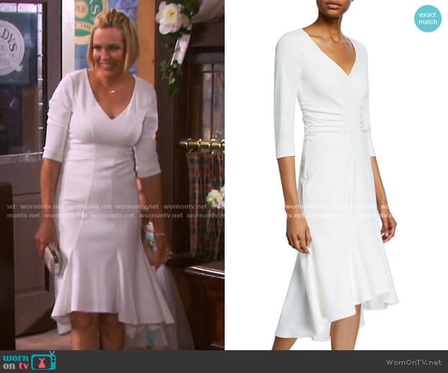 V-Neck Ruched Waist High-Low Crepe Dress by Halston worn by Nicole Walker (Arianne Zucker) on Days of our Lives