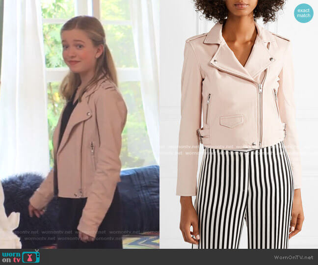 Ashville leather biker jacket by IRO worn by Stacey McGill (Shay Rudolph) on The Baby-Sitters Club