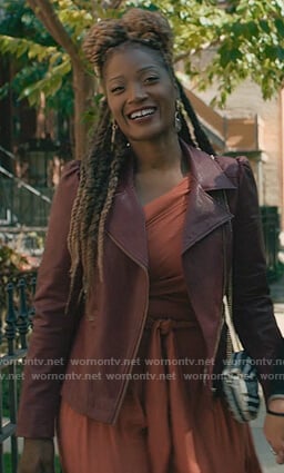 Jada's burgundy leather moto jacket on The Chi