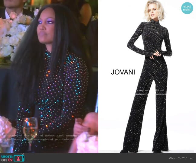 Beaded High Neck Long Sleeve Jumpsuit by Jovani worn by Garcelle Beauvais on The Real Housewives of Beverly Hills